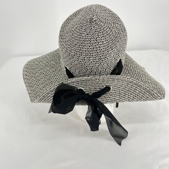 Black and White Paper Straw Woven Wide Brim Sun Hat - Picture 3 of 6